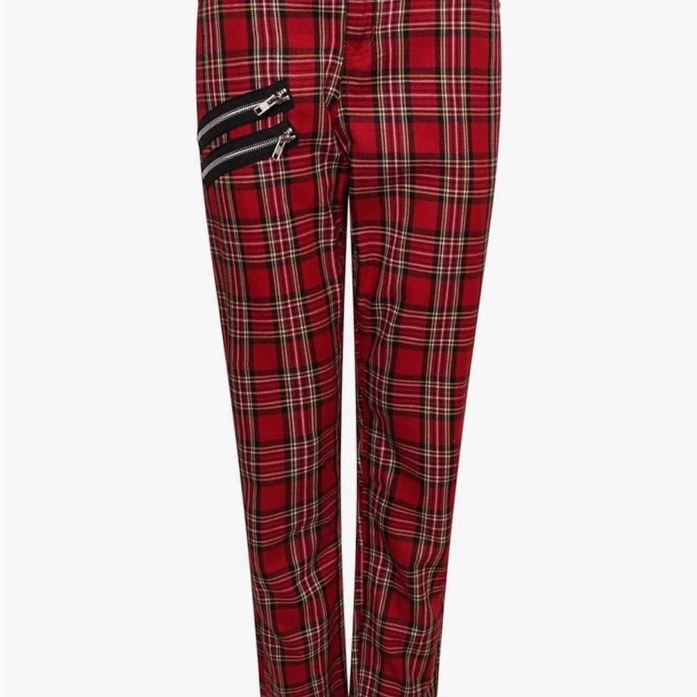Red Plaid Pants with Zipper Accents